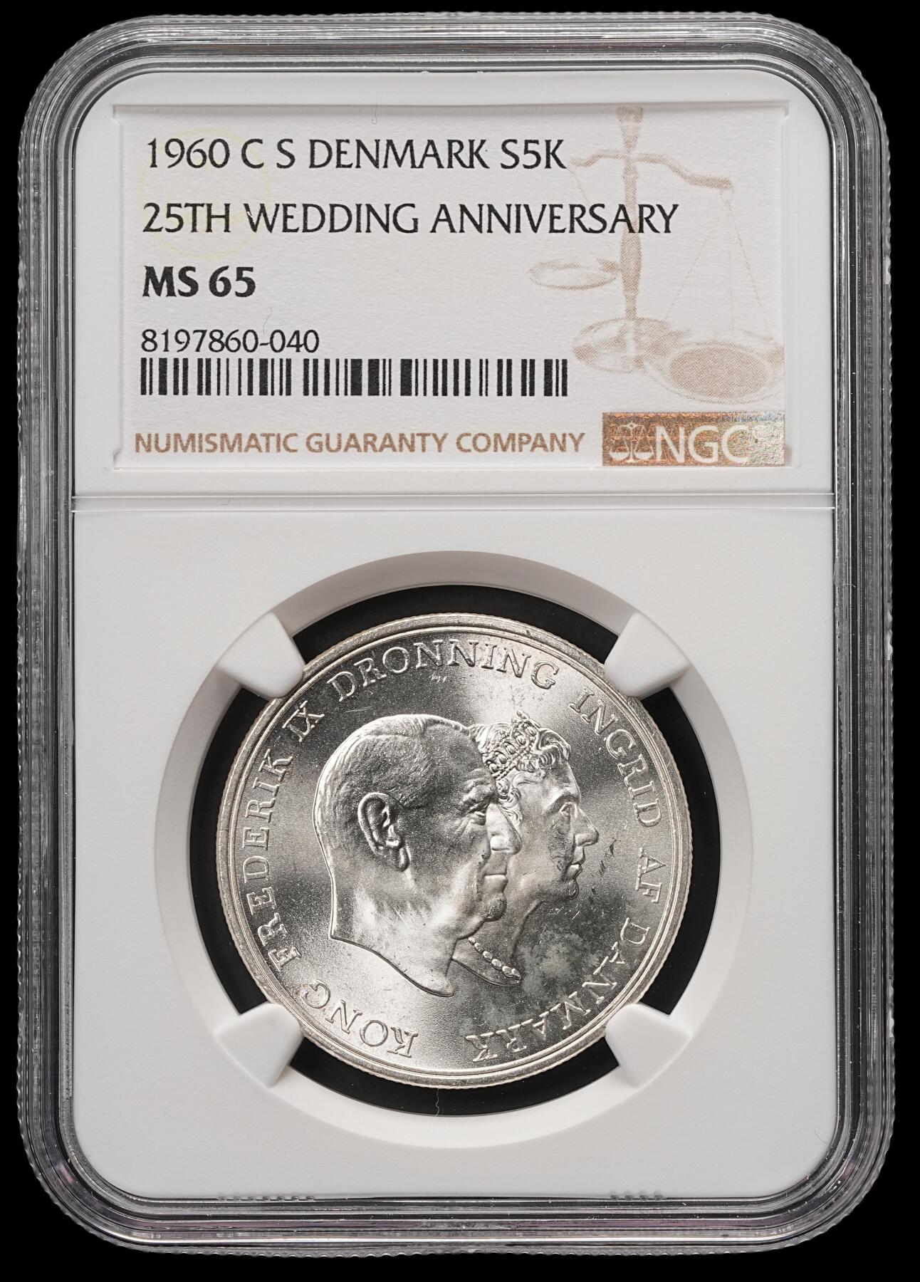 修遠堂世界钱币第五十八期 NGC MS65 1960年丹麦国王银婚纪念5克朗银币