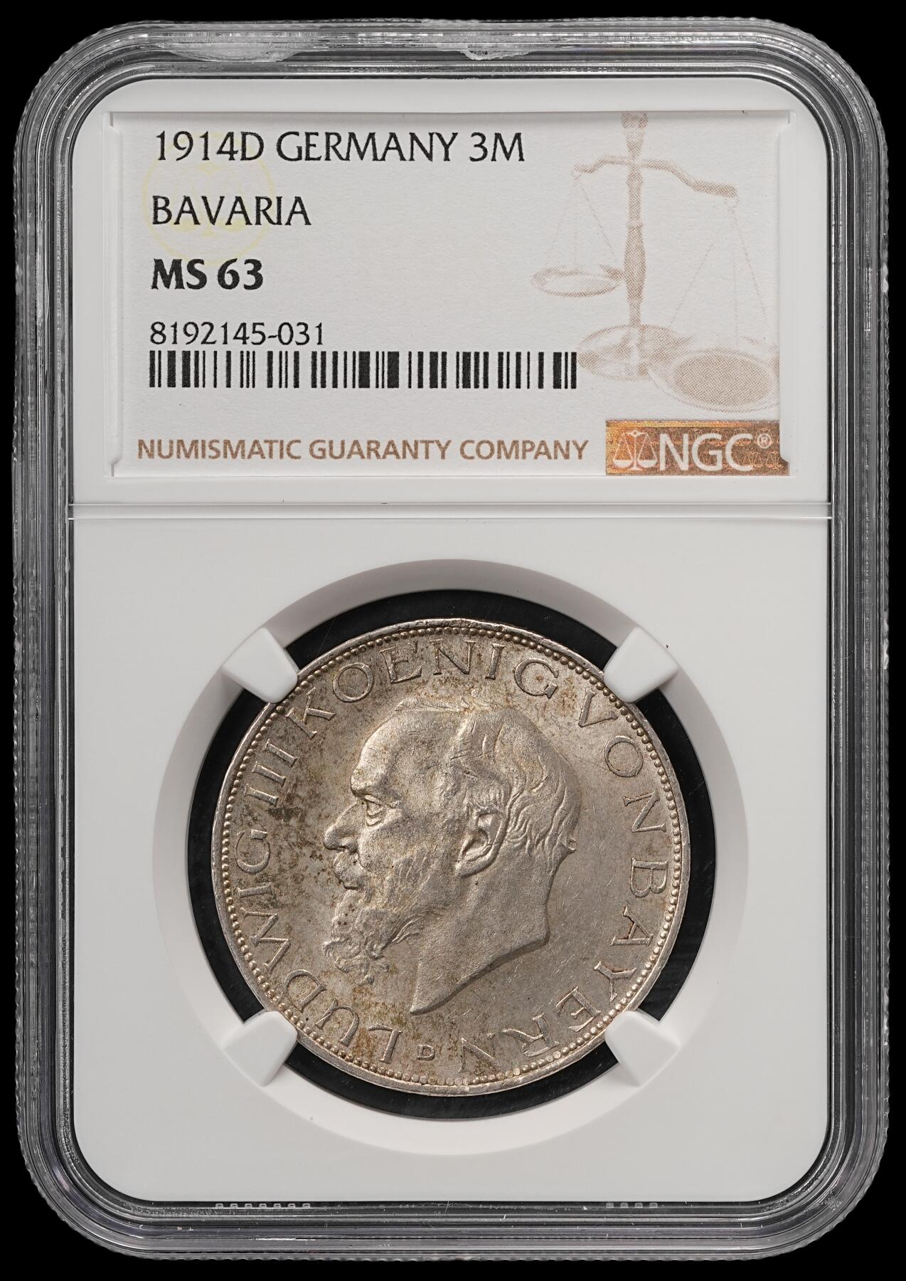修遠堂世界钱币第五十八期 NGC MS63 1914年巴伐利亚3马克银币 流通马克MS较少见