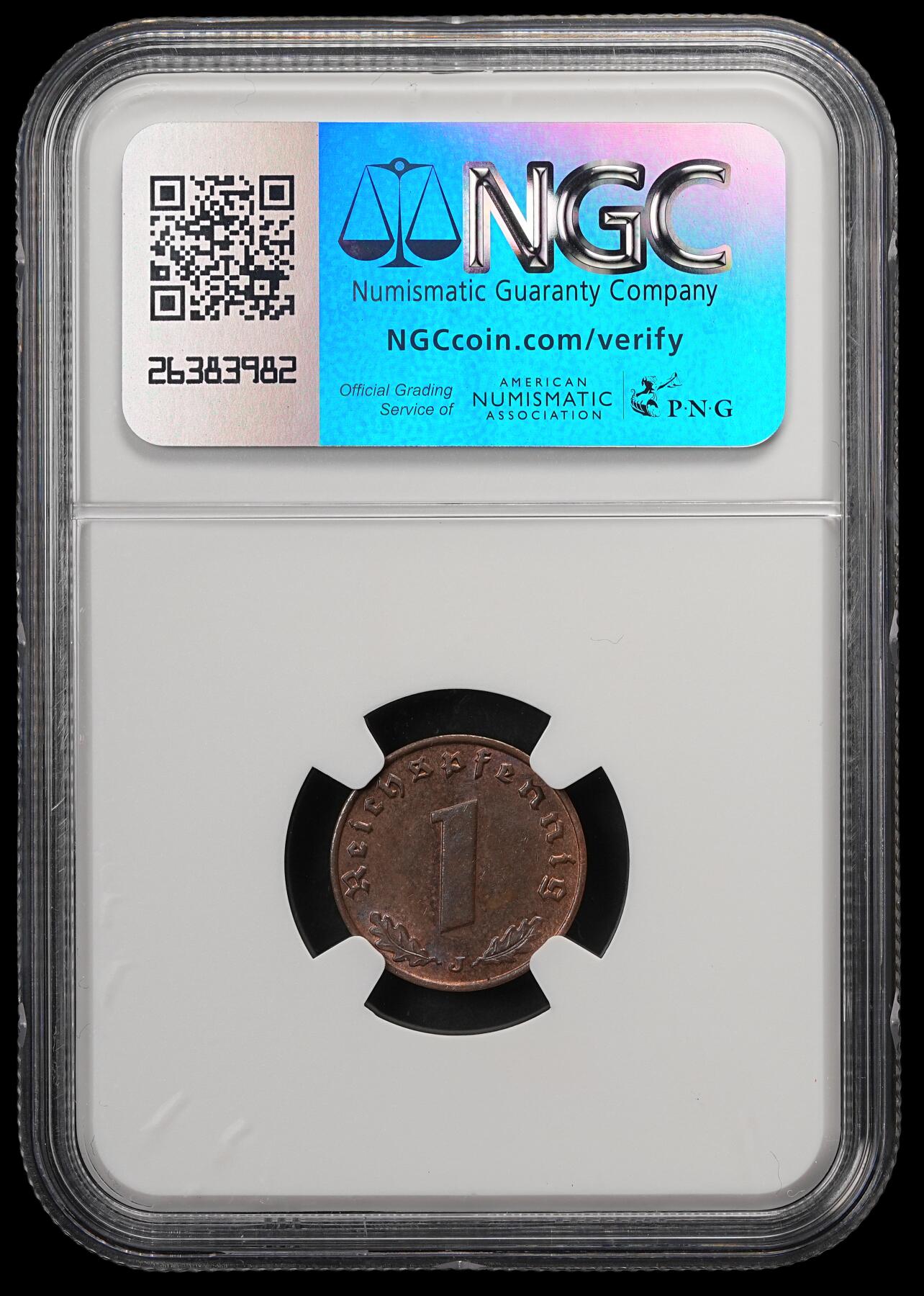 修遠堂世界钱币第五十八期 NGC MS64BN 1938年德国1芬尼铜币 J厂铭