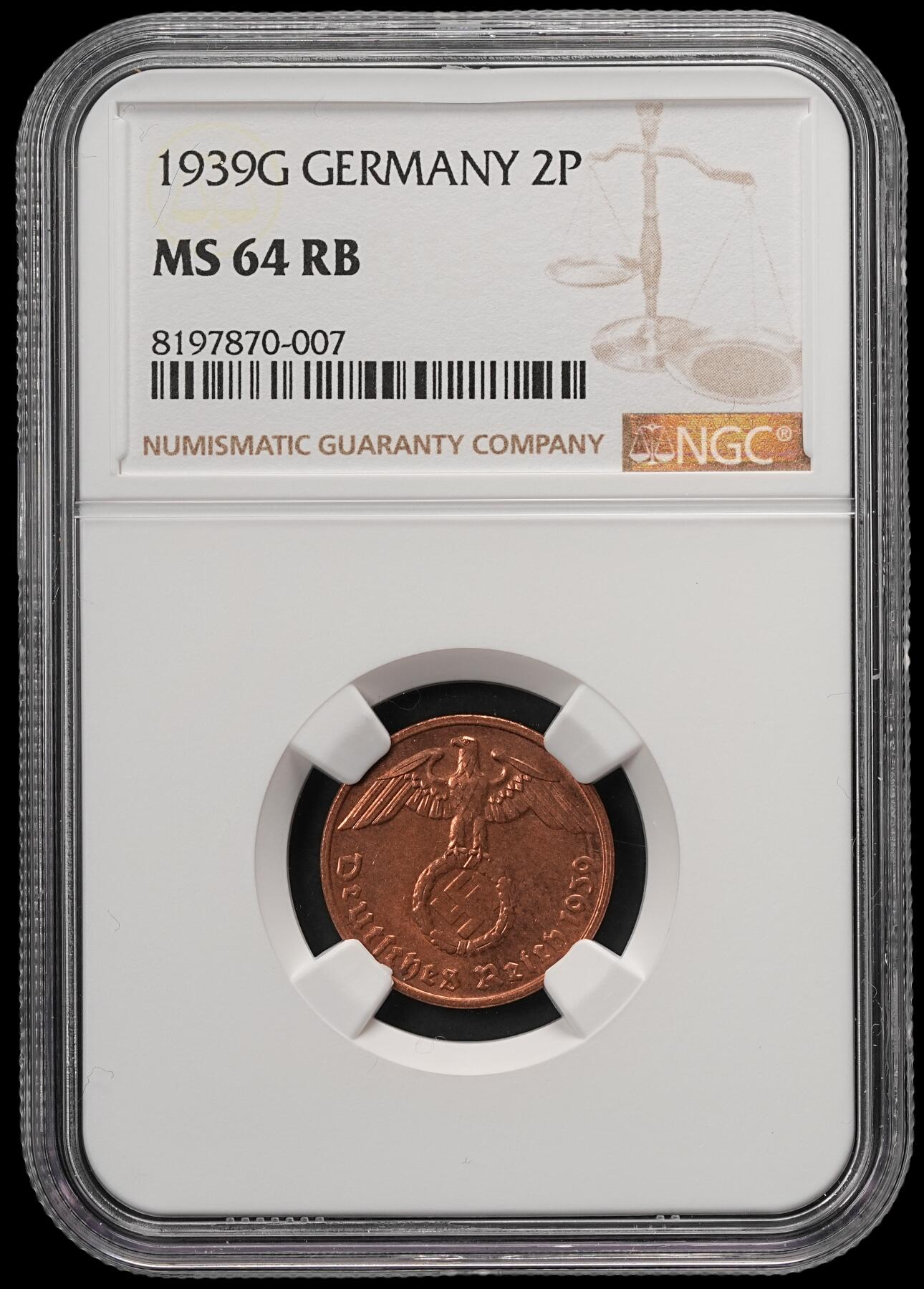 修遠堂世界钱币第五十八期 NGC MS64RB 1939年德国2芬尼铜币 G厂铭