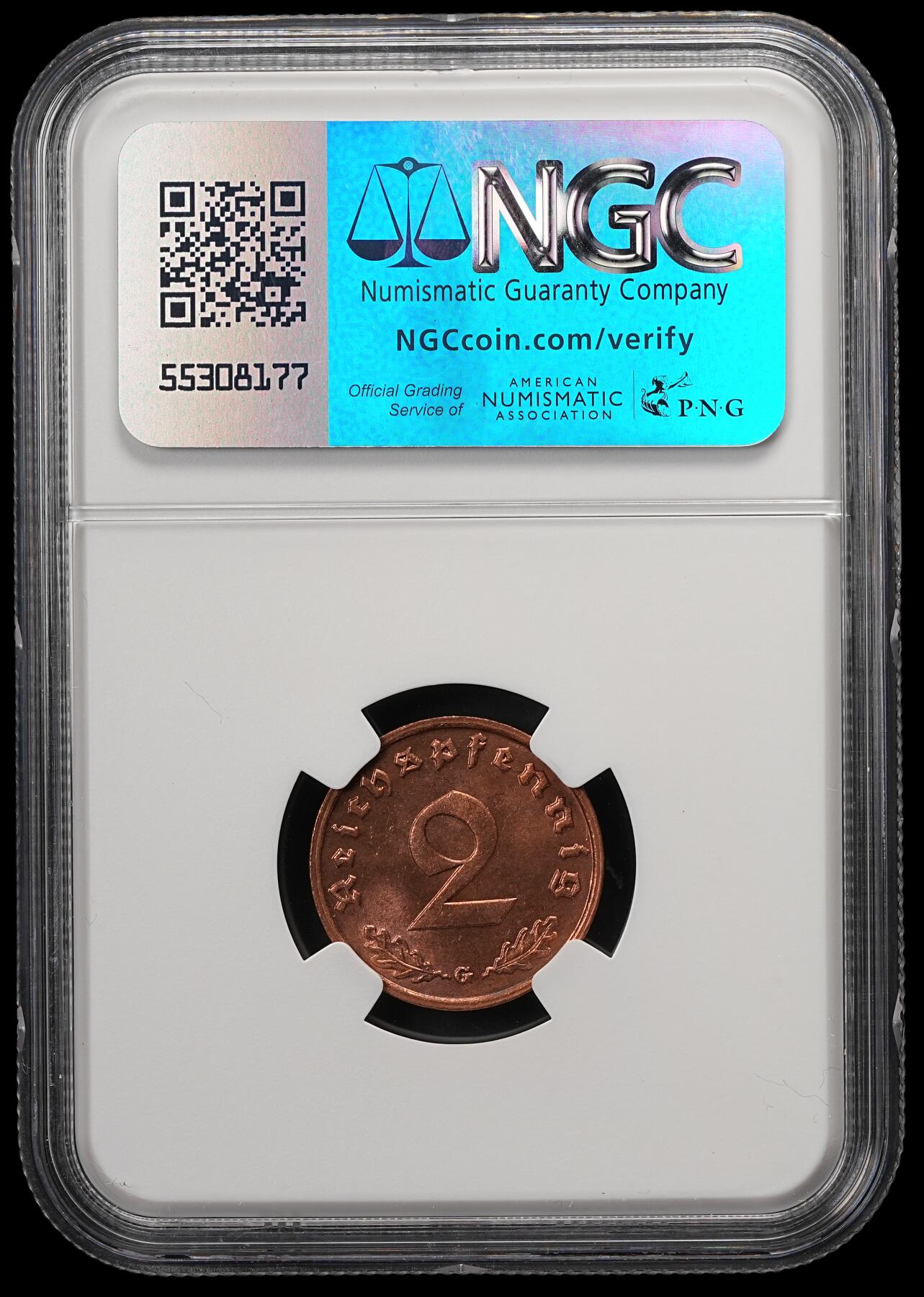 修遠堂世界钱币第五十八期 NGC MS64RB 1939年德国2芬尼铜币 G厂铭