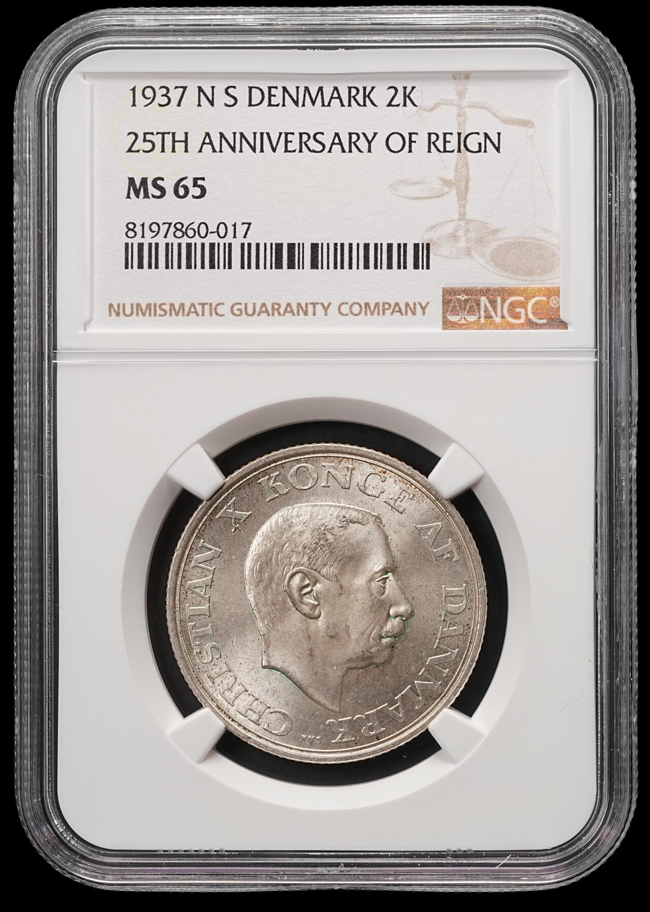 修遠堂世界钱币第五十八期 NGC MS65 1937年丹麦国王登基25周年纪念2克朗银币