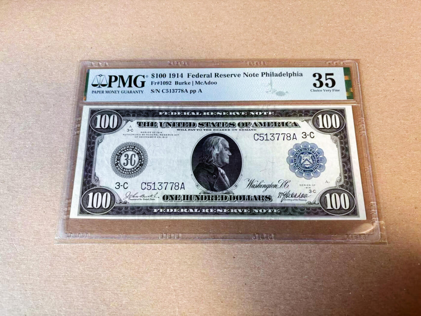 【Blue Auction】✨世界纸币精拍第622期【精】   【富兰克林肖像首次出现在100美金上 少见高值】美国 1914年100美金 PMG35 背面墨丘利、丰收女神等众神 大场景 设计别致新颖 （23年拍过同fr一张30分的1620美金）