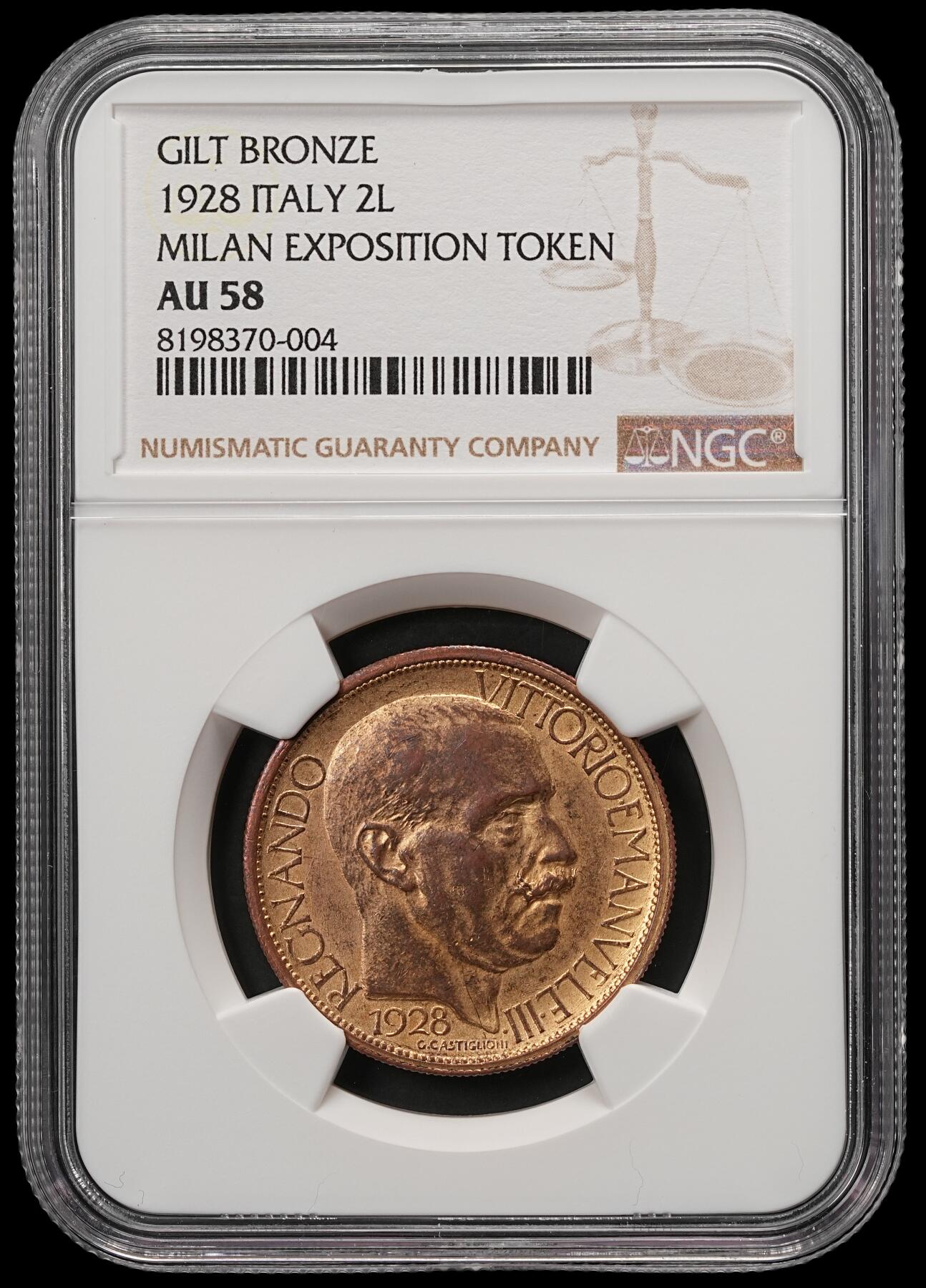 修遠堂世界钱币第五十八期 NGC AU58 1928年米兰博览会2里拉代用币 铜鎏金