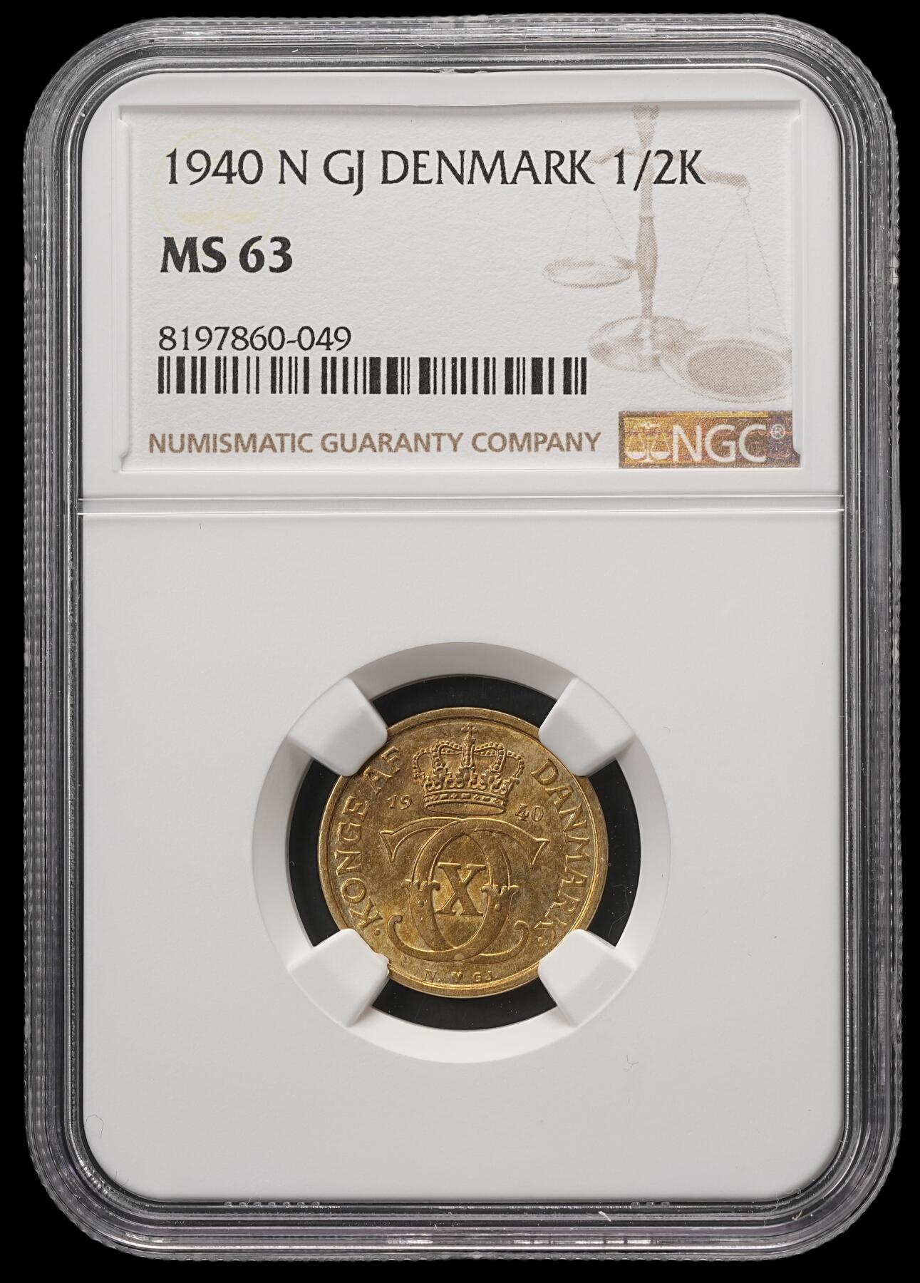 修遠堂世界钱币第五十八期 NGC MS63 1940年丹麦皇冠1/2克朗