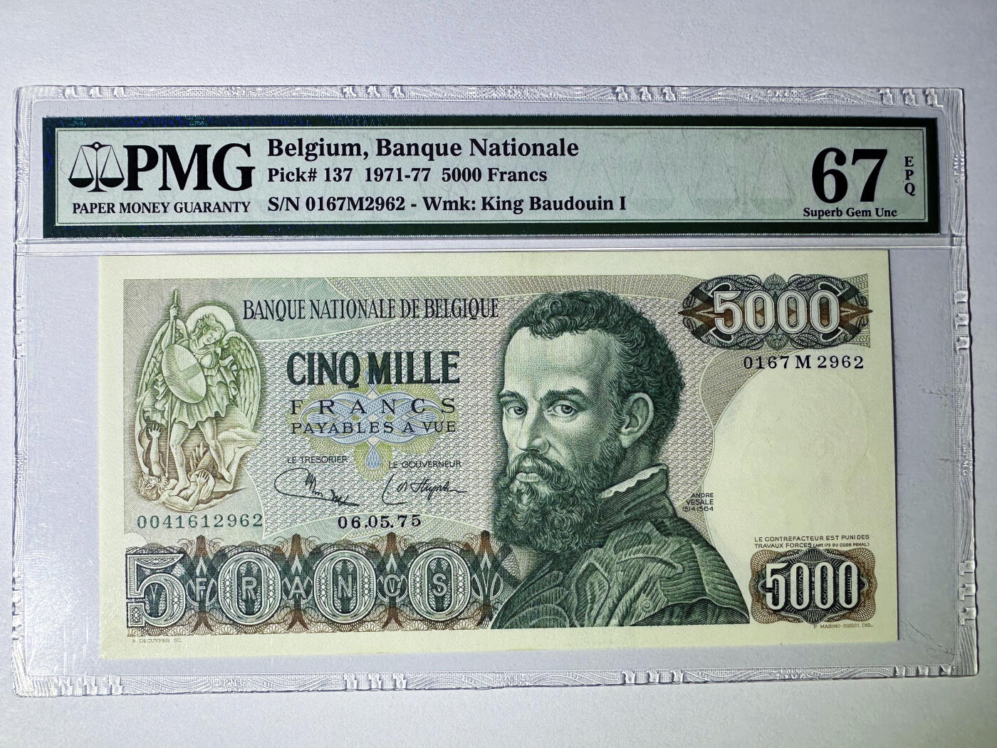【Blue Auction】✨世界纸币精拍第622期【精】  【无47 亚军分】比利时1971-77年5000法郎 PMG67EPQ 现代人体解剖学的奠基人安德烈亚斯·维萨利乌斯 老壳