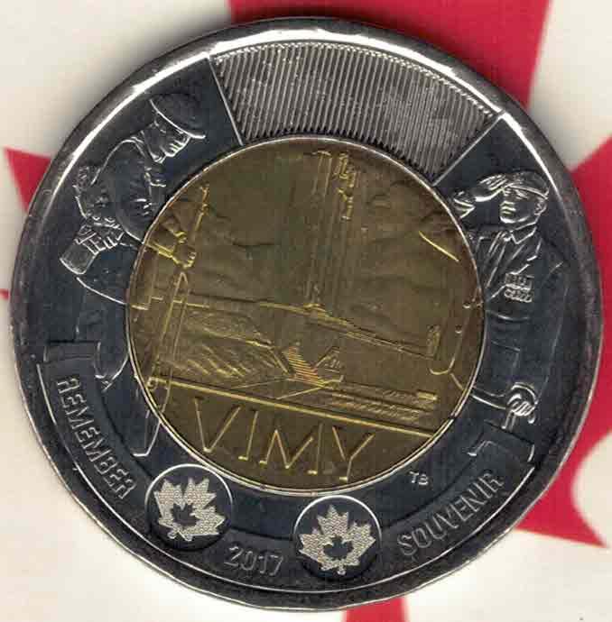 加拿大2017年2元 维米岭战役百年双金属纪念币 实物图 UNC-