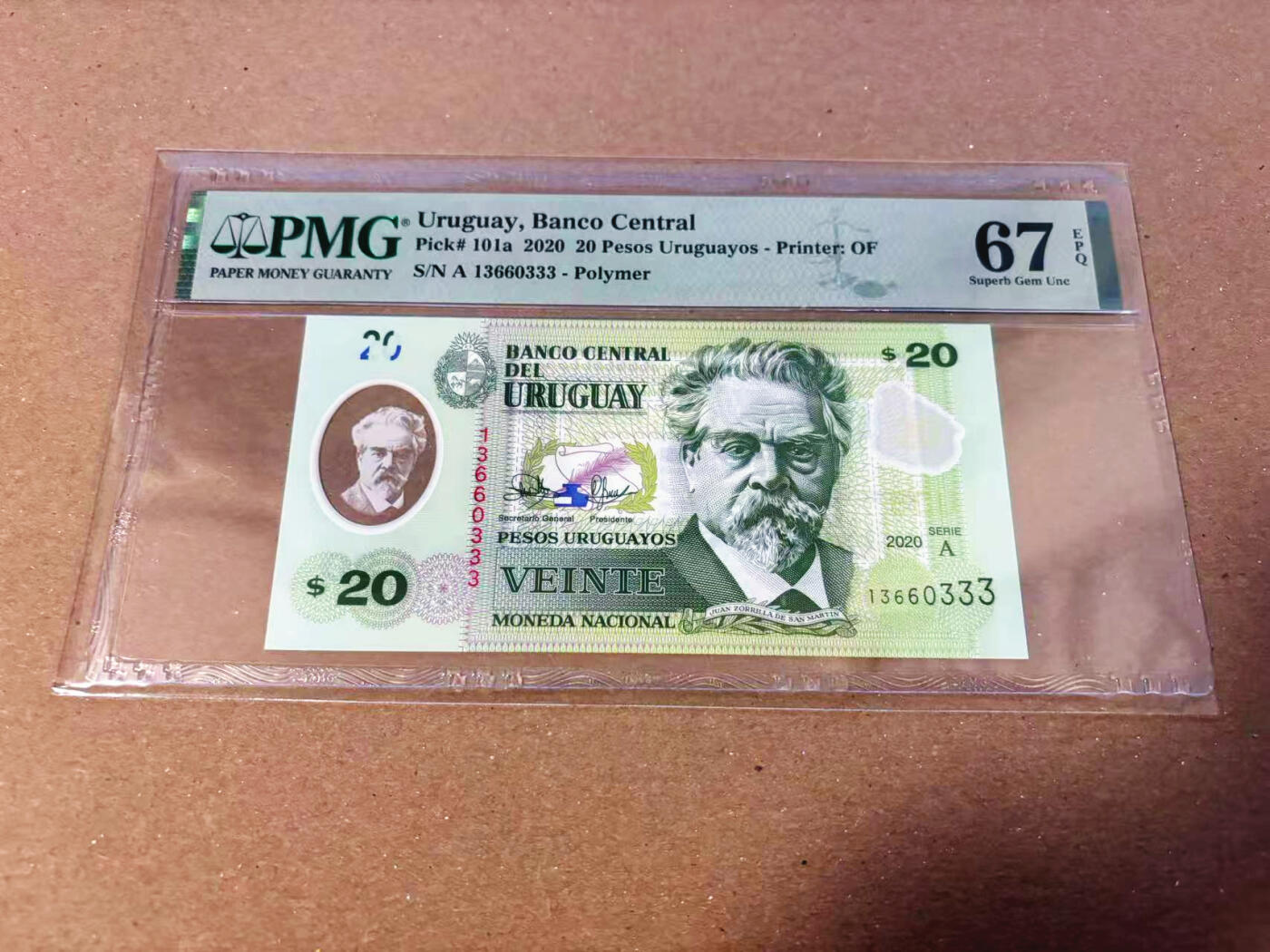 【Blue Auction】✨世界纸币精拍第622期【精】 【333豹子号无47】乌拉圭 2020年20比索 PMG67EPQ 高分