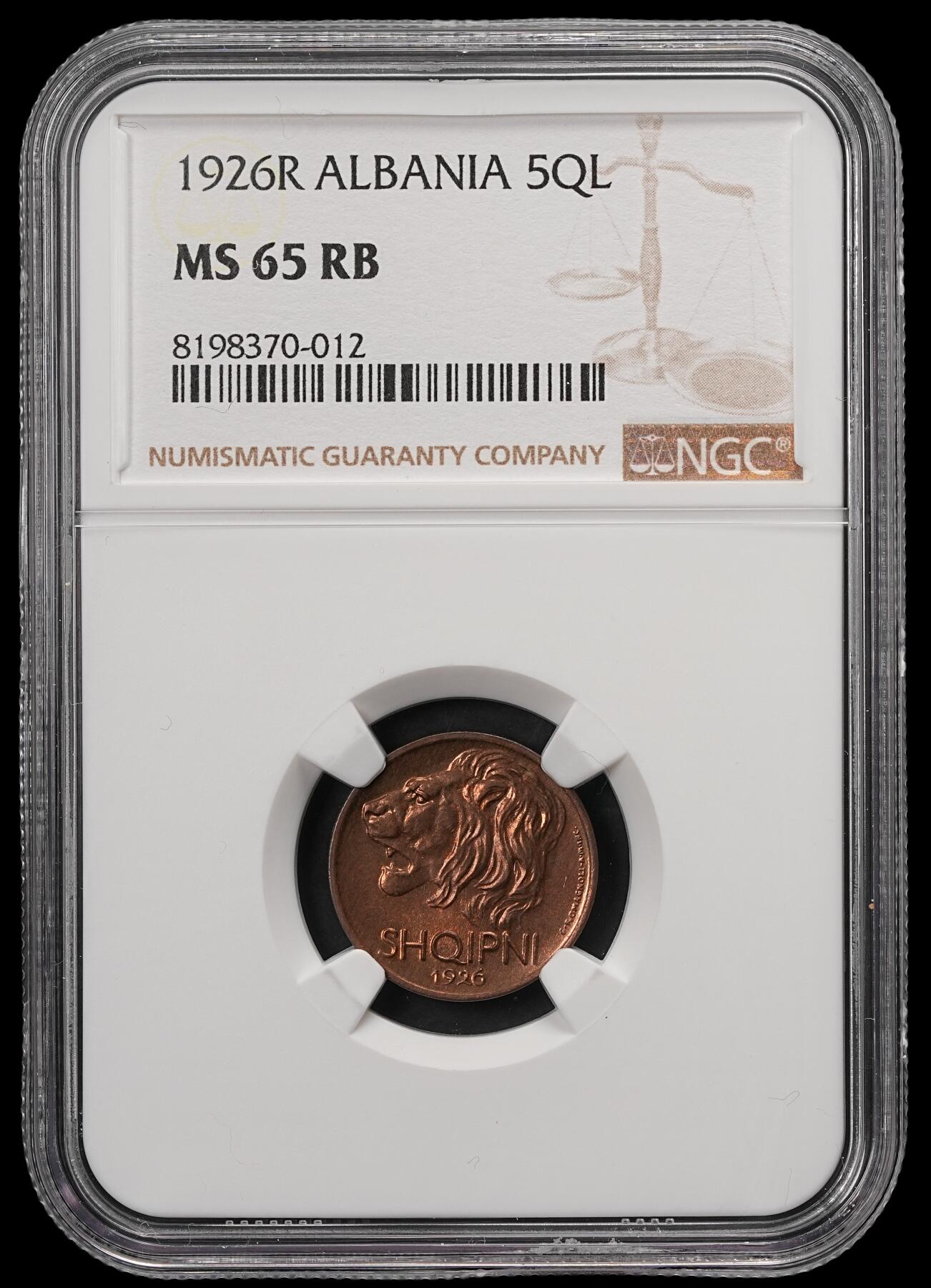修遠堂世界钱币第五十八期 NGC MS65RB 1926年阿尔巴尼亚5 QINDAR LEKU铜币 少见品种