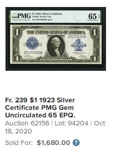 【Blue Auction】✨世界纸币精拍第622期【精】  【最少见版本fr239】美国 1923年1美金 银币券 PMG65EPQ 大票幅 fr.237和238超过26000张存世 而fr239仅有600张左右 评级记录更可见量的差距