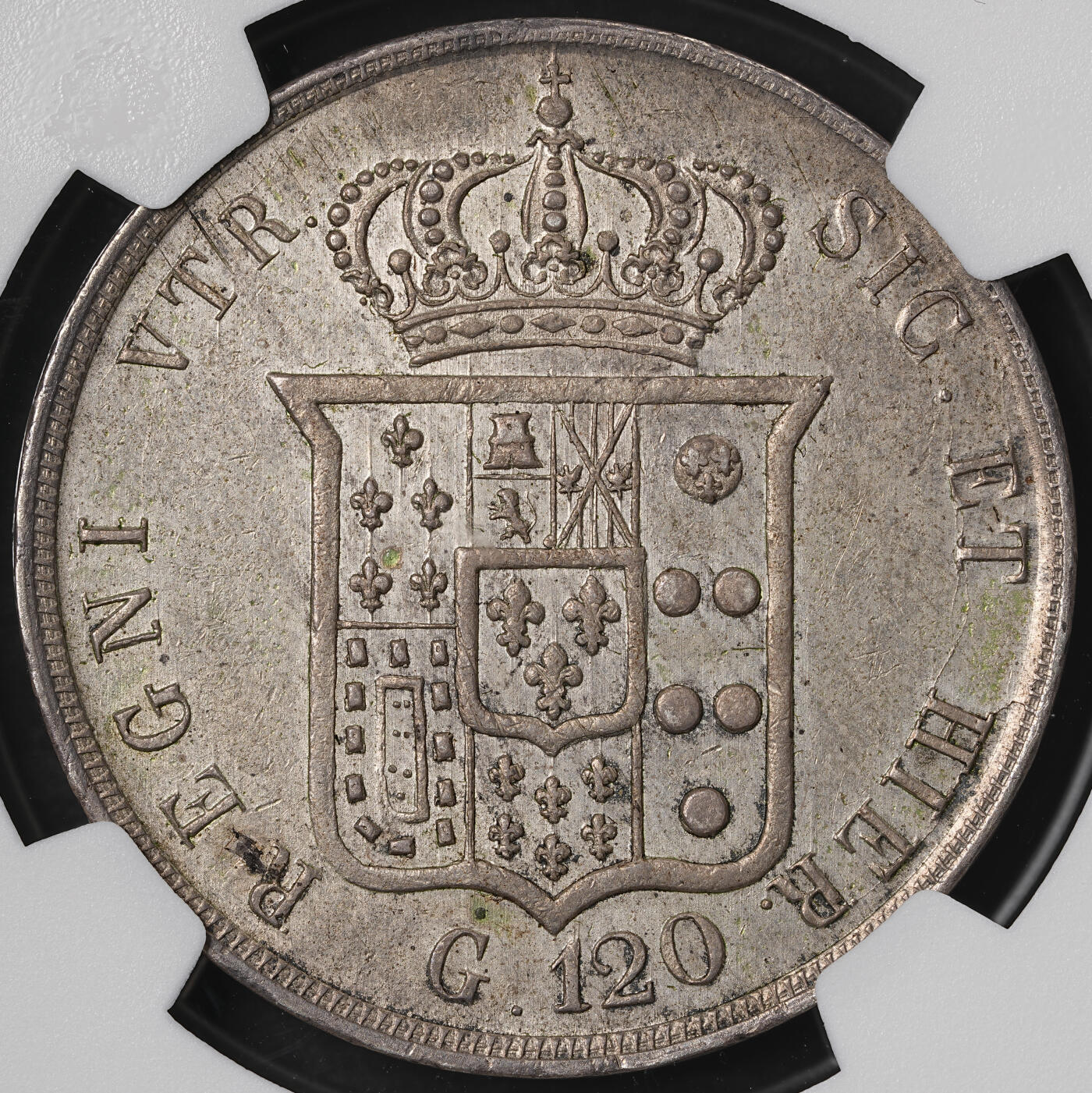 修遠堂世界钱币第五十八期 NGC AU58 1855年那不勒斯和西西里王国120G大银币