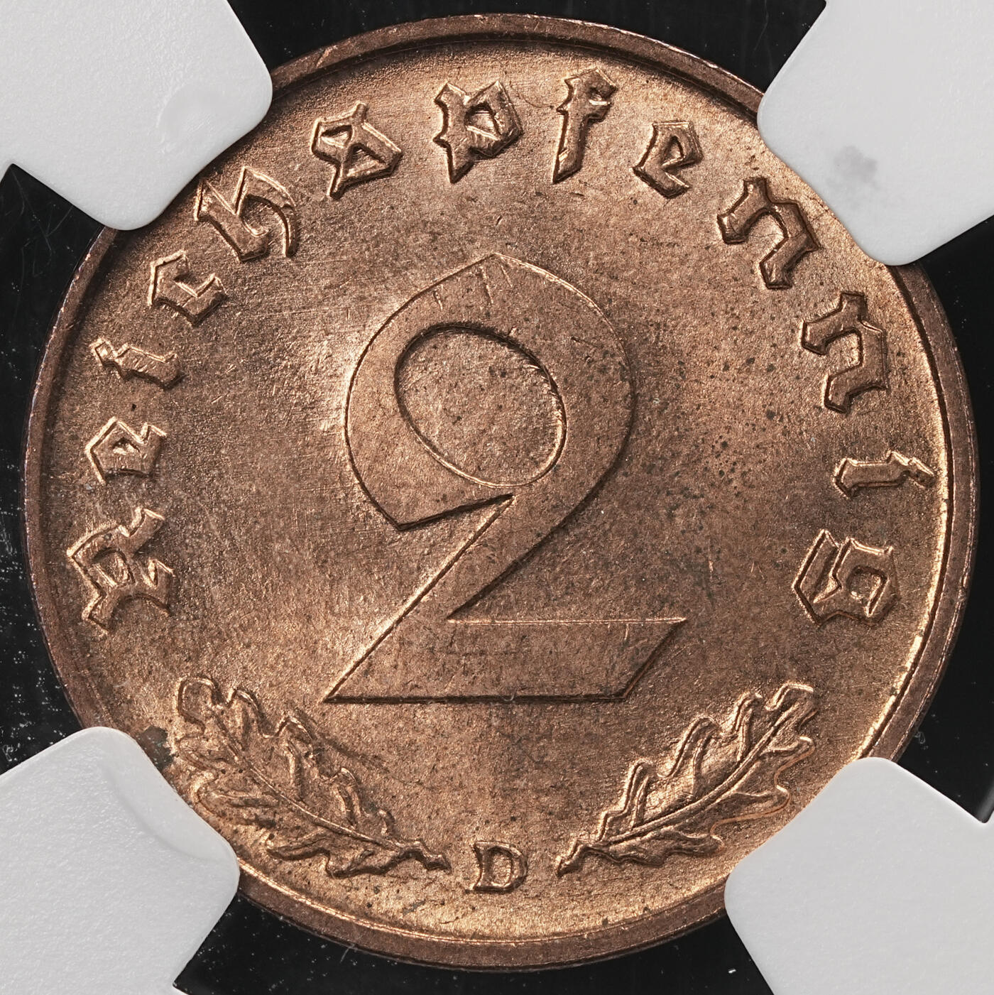修遠堂世界钱币第五十八期 NGC MS65RB 1939年德国2芬尼铜币 D厂铭