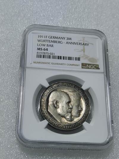 天下钱庄专场欢迎参拍 - NGC MS64 德国符腾堡银婚3马克银币