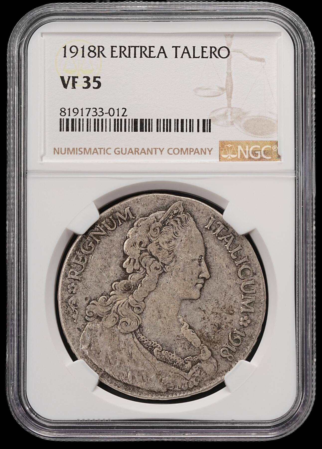 修遠堂世界钱币第五十八期 NGC VF35 1918年意属厄立特里亚1泰勒大银币