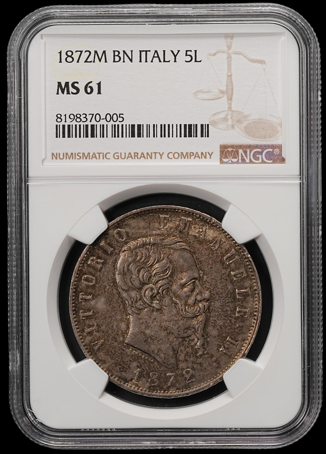 修遠堂世界钱币第五十八期 NGC MS61 1872年意大利5里拉大银币