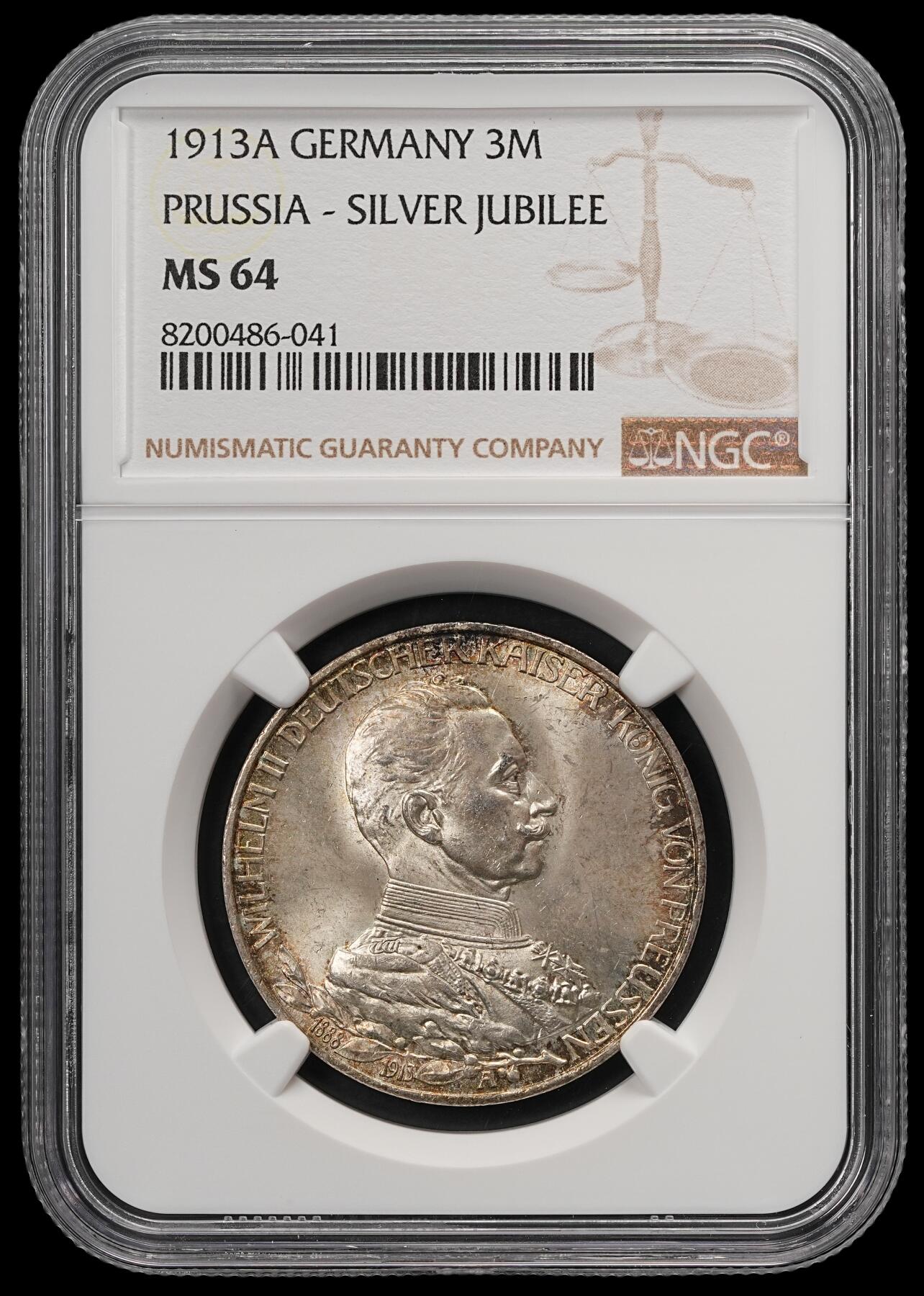 修遠堂世界钱币第五十八期 NGC MS64 1913年普鲁士威廉二世执政25周年纪念3马克银币