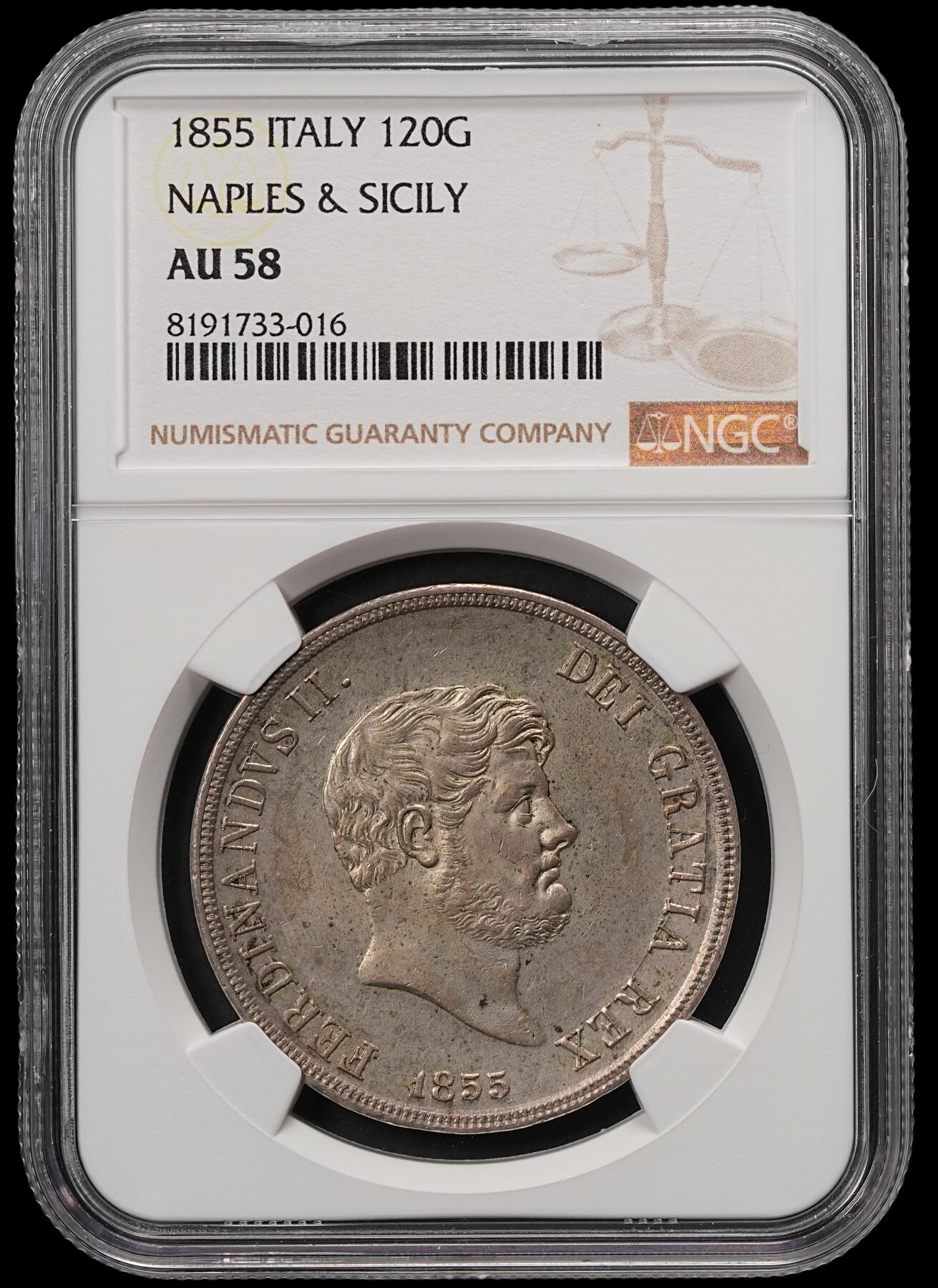 修遠堂世界钱币第五十八期 NGC AU58 1855年那不勒斯和西西里王国120G大银币