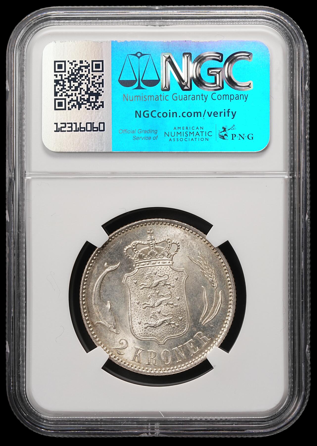 修遠堂世界钱币第五十八期 NGC MS63 1916年丹麦海豚2克朗银币 流通版克朗MS较少见