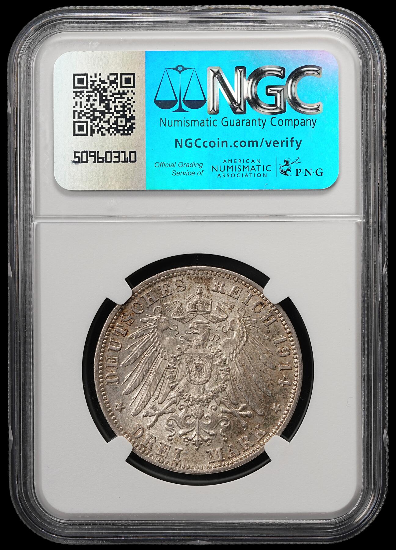 修遠堂世界钱币第五十八期 NGC MS63 1914年巴伐利亚3马克银币 流通马克MS较少见