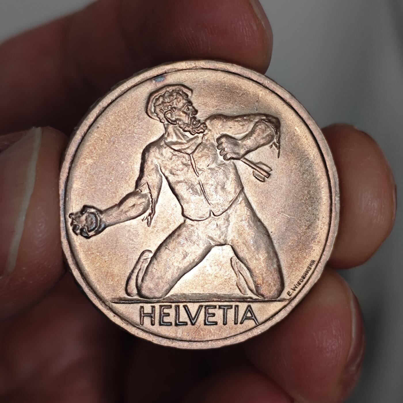 美品1944年瑞士5Fr圣雅各布战役500周年纪念银币