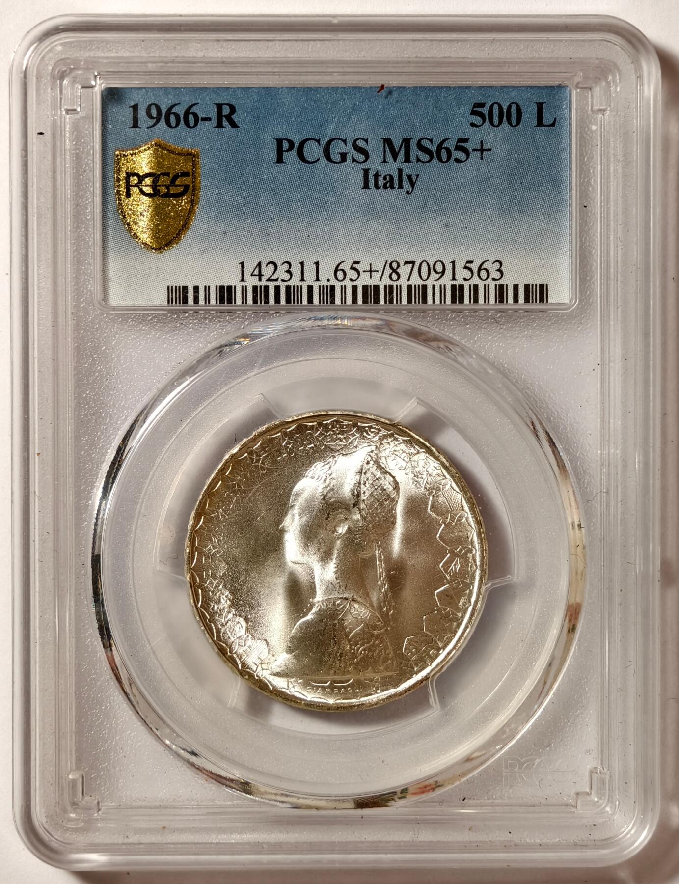 紫瑗钱币——第510期 意大利 1966年 R版 少女与帆船 500里拉 银币 PCGS MS65＋