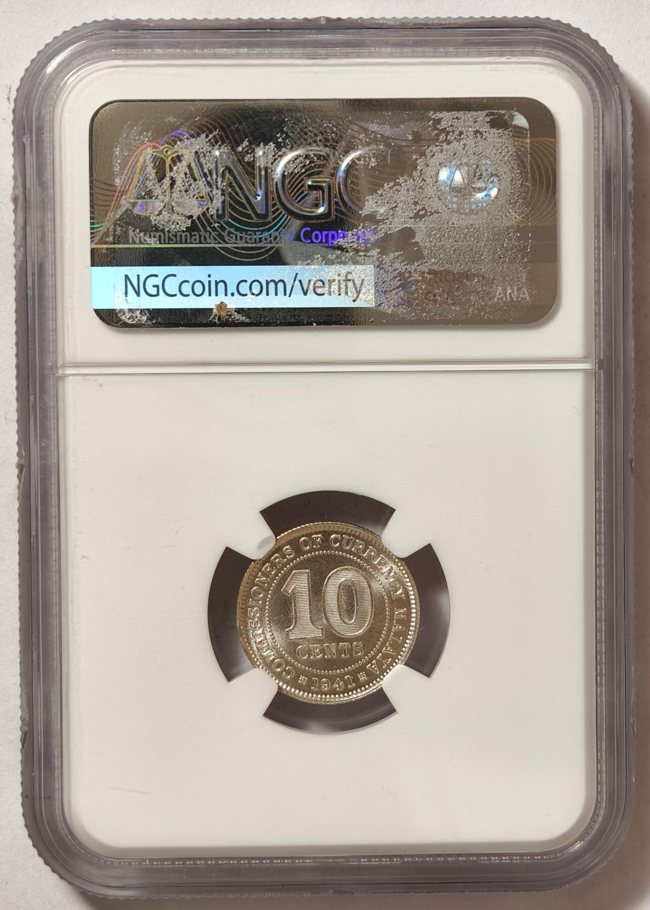 紫瑗钱币——第510期 马来亚 1941年 乔治六世 10分 银币 NGC MS64