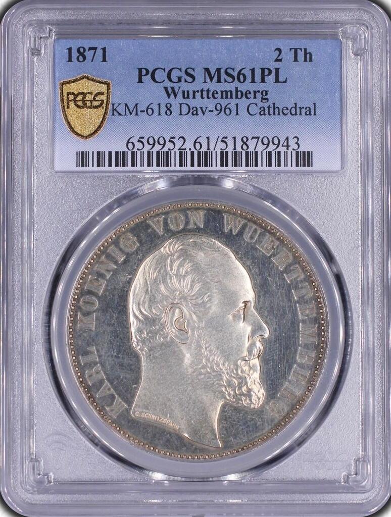 PCGS-MS61PL 1871 符腾堡教堂2泰勒银币
