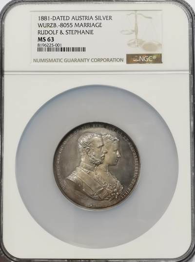 博洋堂“芳菲春韵”3月精品大拍专场暨第166期（全场包邮） - NGC MS63 奥地利1881年鲁道夫王储大婚纪念银章，55mm，底板近镜面，NGC冠军分！