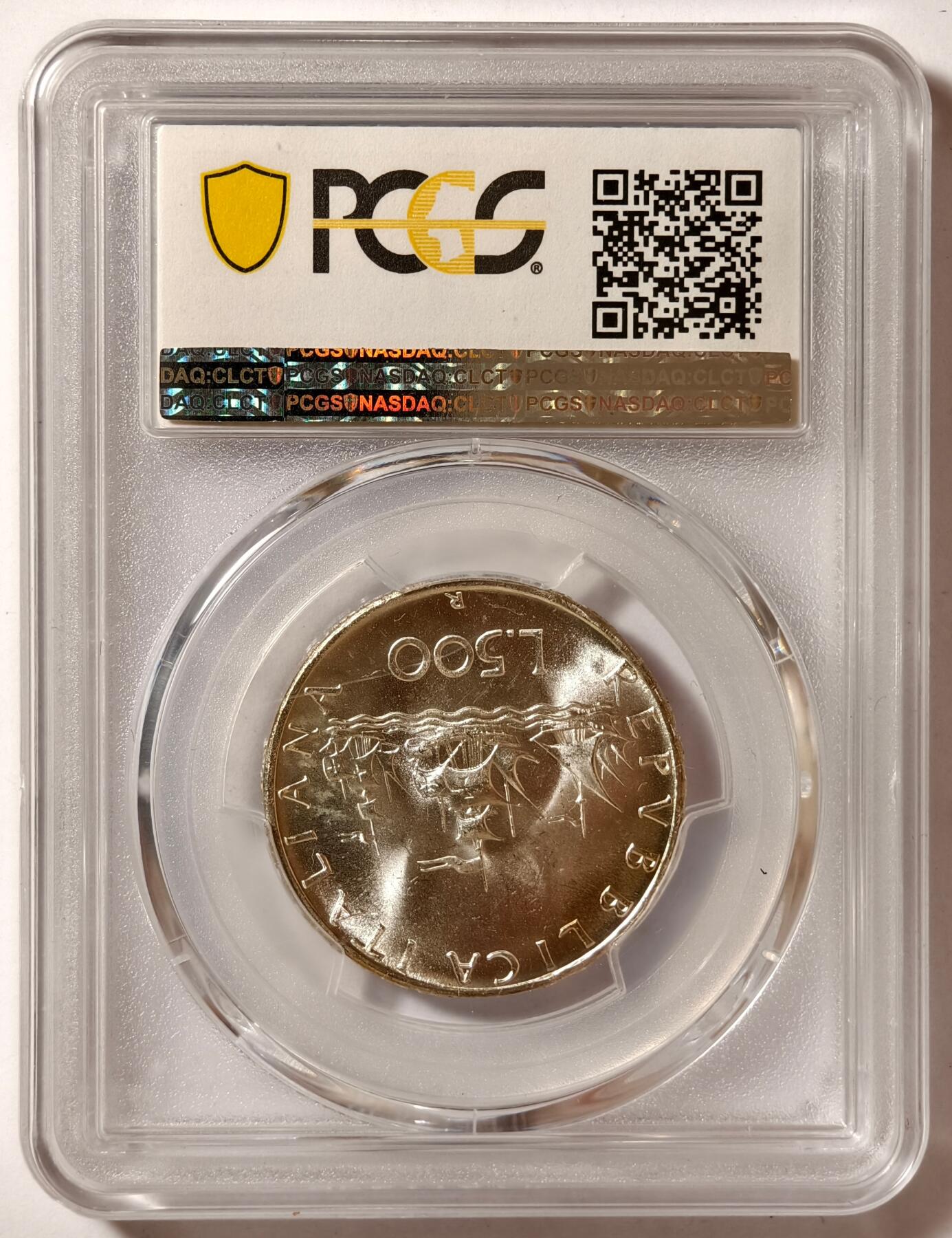 紫瑗钱币——第514期 意大利 1966年 R版 少女与帆船 500里拉 银币 PCGS MS66