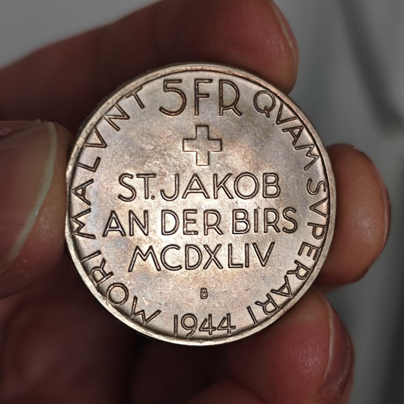 美品1944年瑞士5Fr圣雅各布战役500周年纪念银币