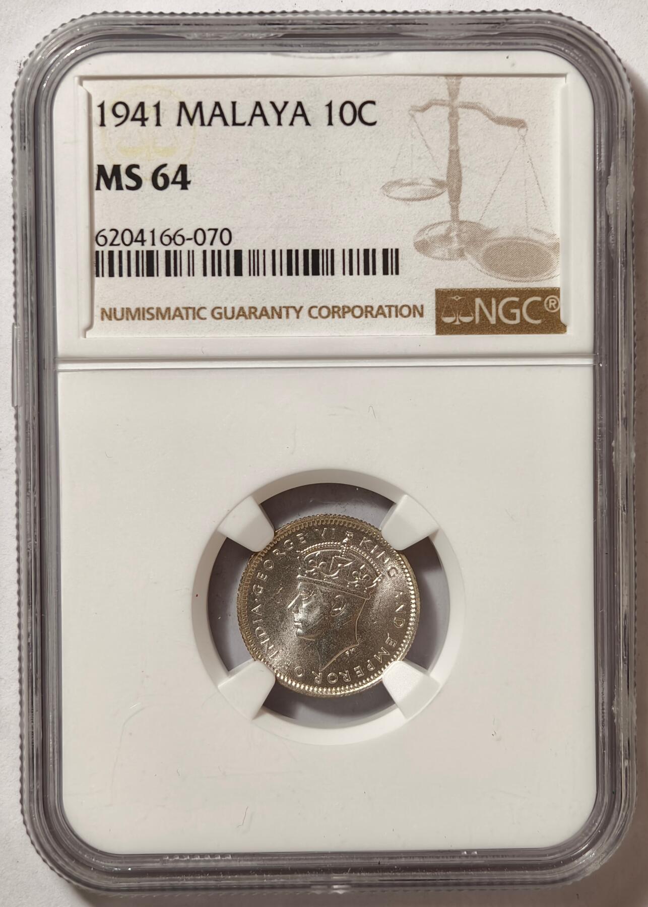 紫瑗钱币——第510期 马来亚 1941年 乔治六世 10分 银币 NGC MS64