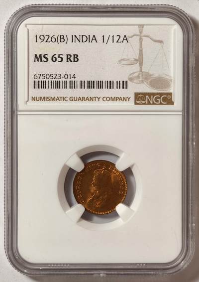 紫瑗钱币——第578期 - 英属印度 1926年 B版 乔治五世 1/12安娜 铜币 NGC MS65 RB