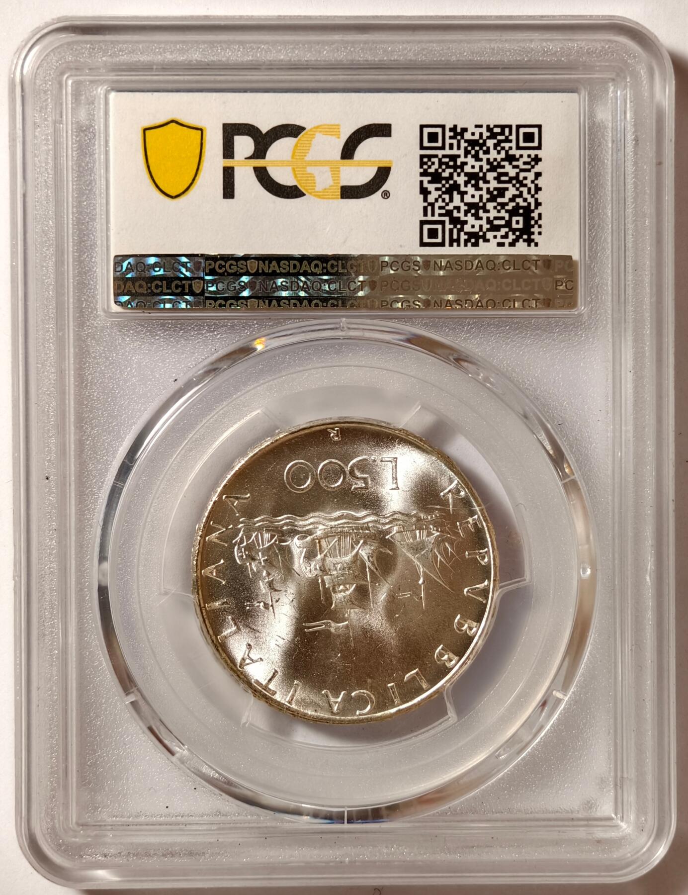 紫瑗钱币——第510期 意大利 1966年 R版 少女与帆船 500里拉 银币 PCGS MS65＋
