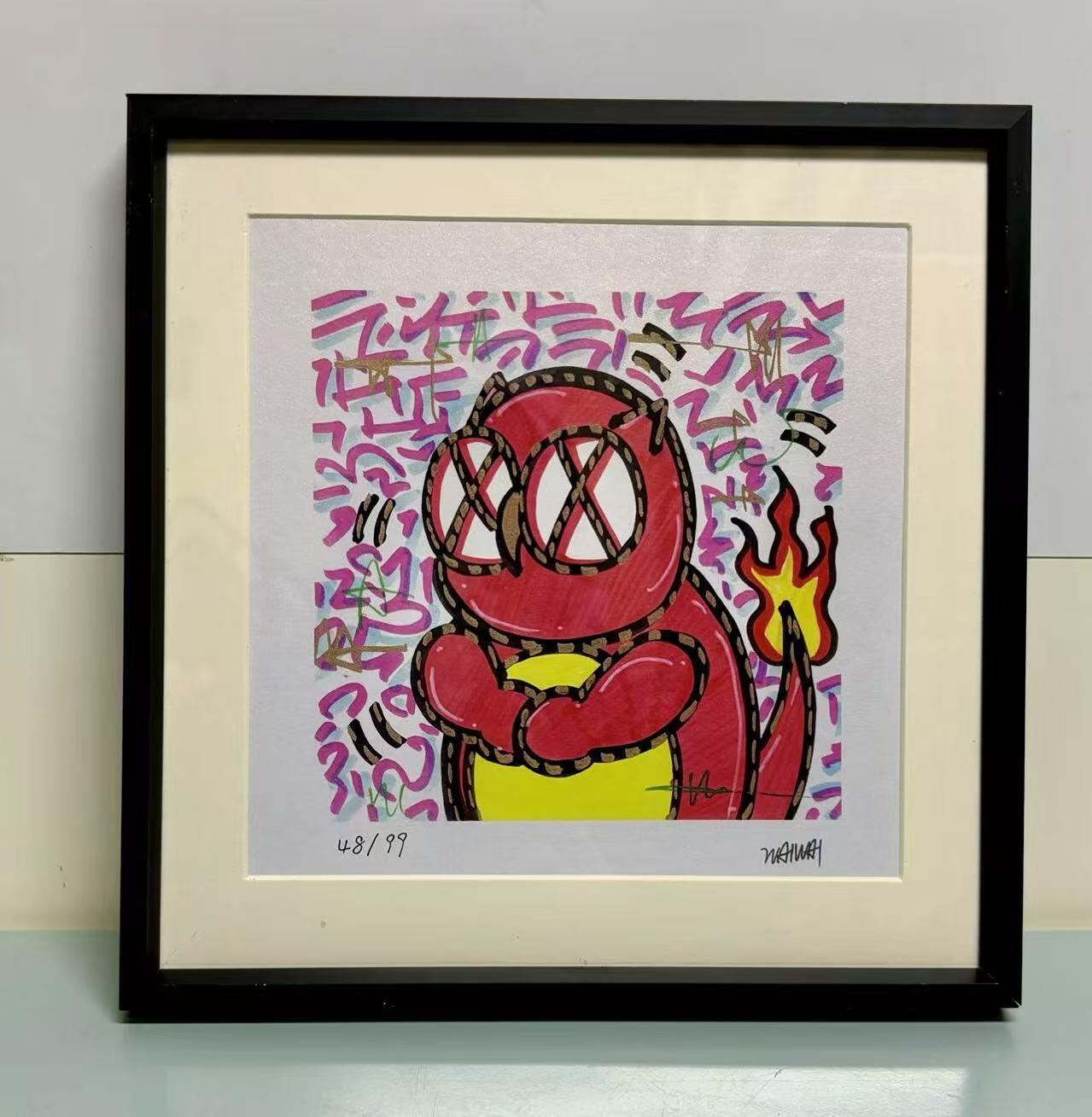 零元拍：歪歪OWSON 系列作品装饰画《小火龙》，已做装裱 合金相框尺寸25/25CM。因展品出展，镜框或亚克力可能有轻微划痕，介意勿拍