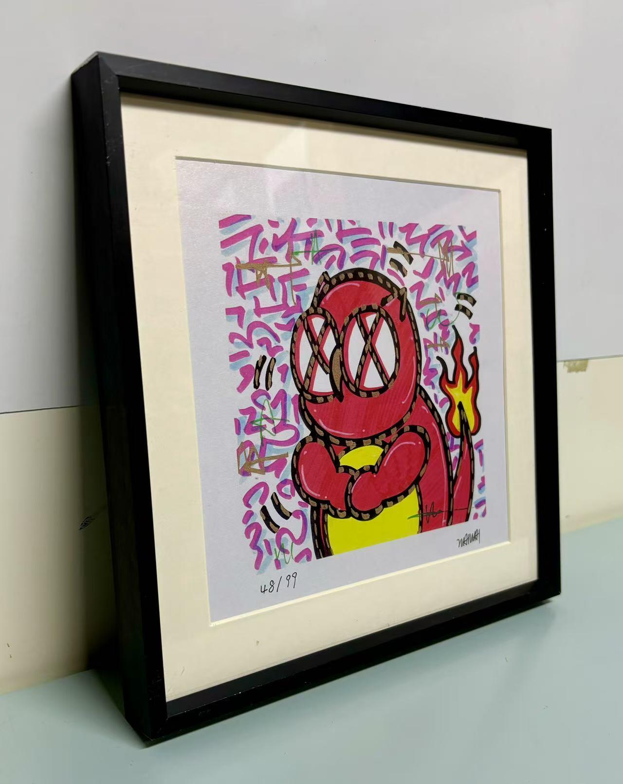 零元拍：歪歪OWSON 系列作品装饰画《小火龙》，已做装裱 合金相框尺寸25/25CM。因展品出展，镜框或亚克力可能有轻微划痕，介意勿拍