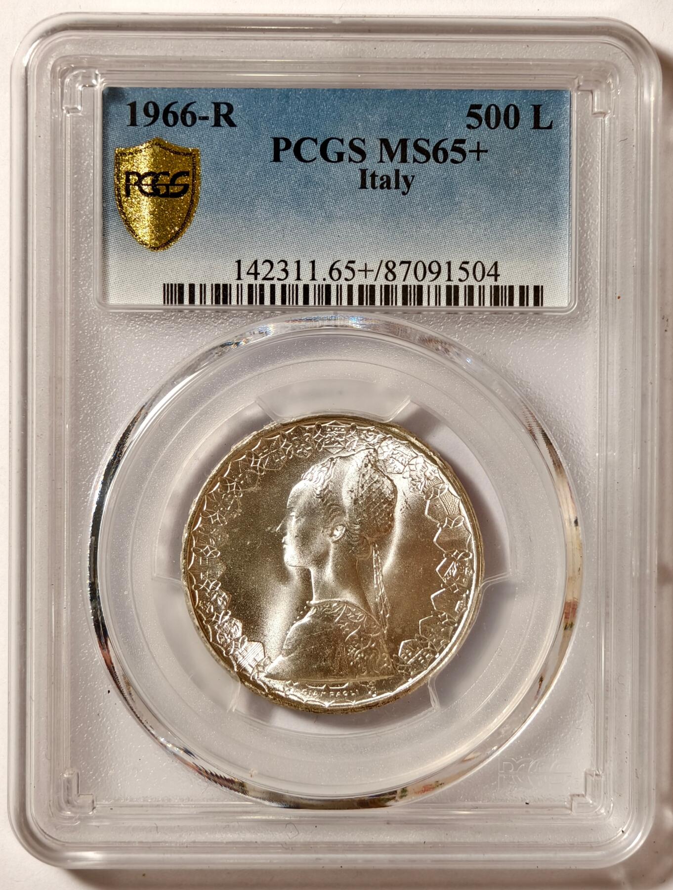 紫瑗钱币——第512期 意大利 1966年 R版 少女与帆船 500里拉 银币 PCGS MS65＋