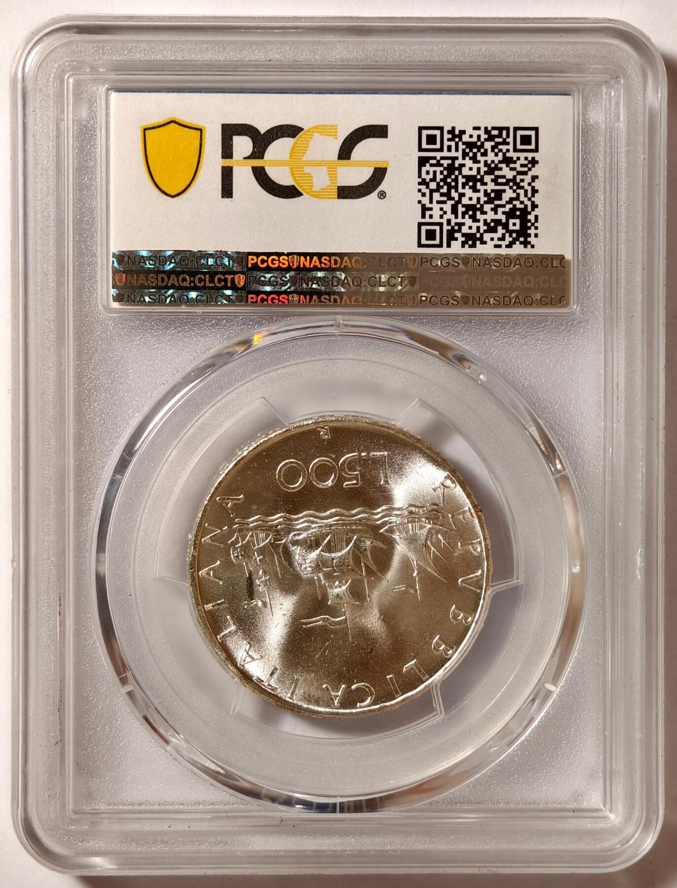 紫瑗钱币——第512期 意大利 1966年 R版 少女与帆船 500里拉 银币 PCGS MS65＋