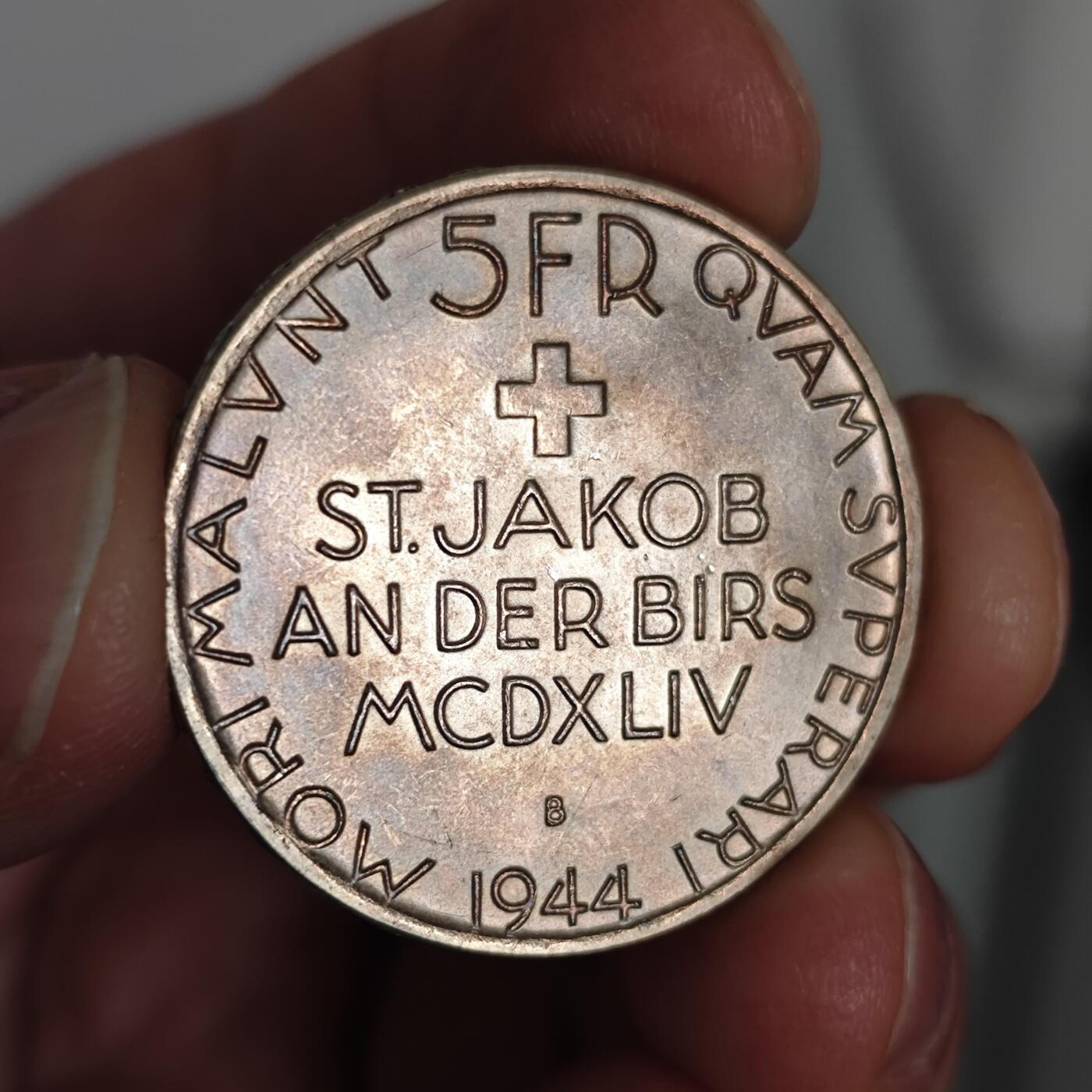 美品1944年瑞士5Fr圣雅各布战役500周年纪念银币