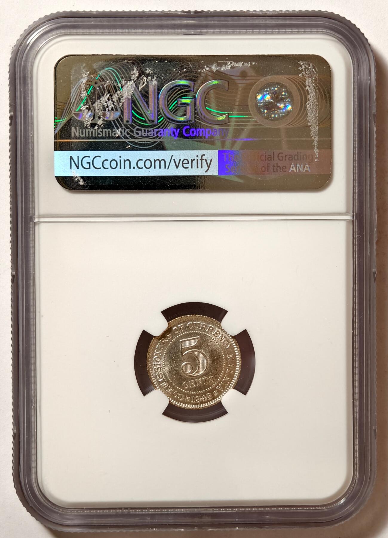 紫瑗钱币——第510期 马来亚 1943年 乔治六世 5分 银币 NGC MS62