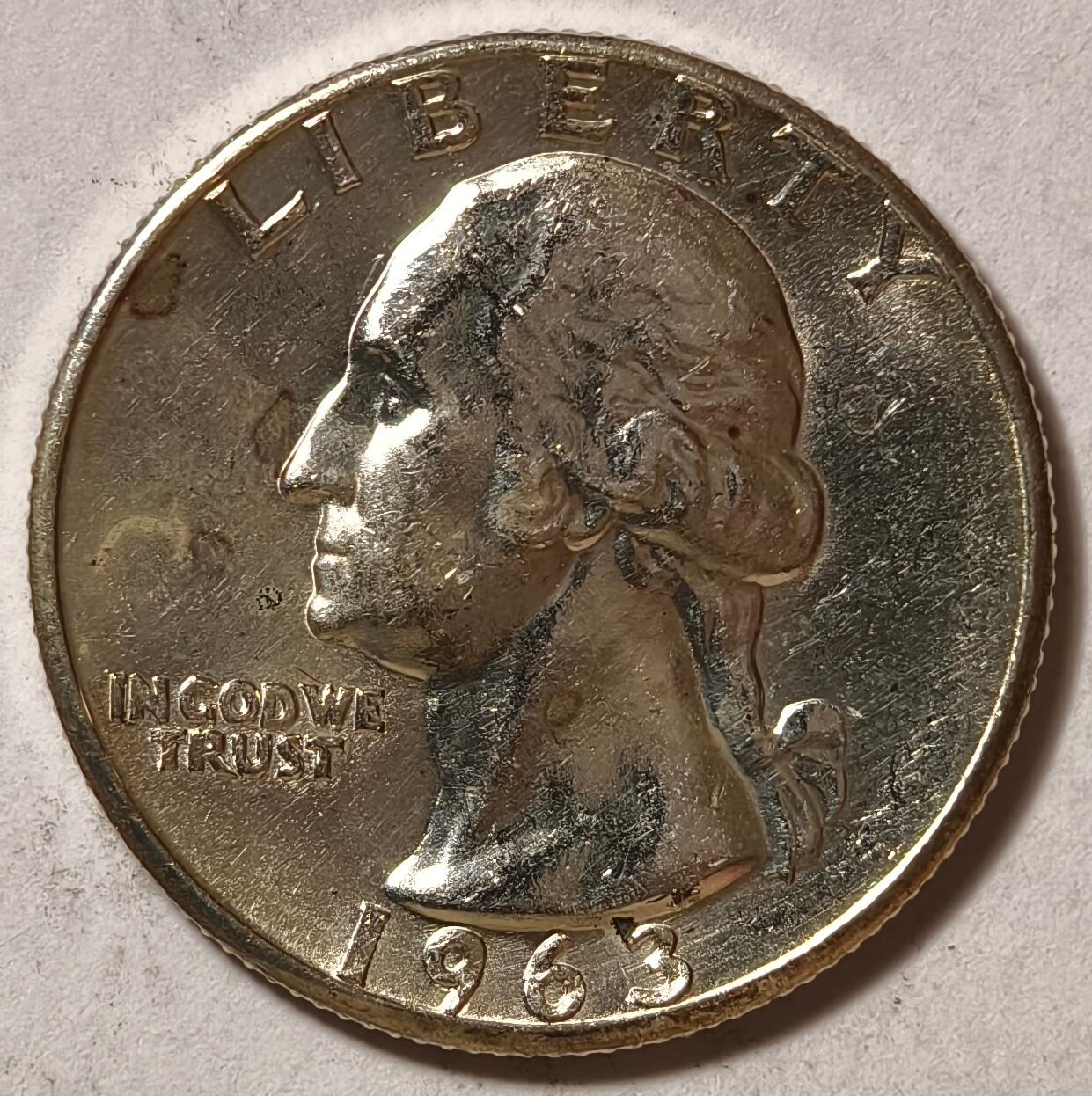 紫瑗钱币——第510期 美国 1963年 华盛顿 25美分 6.25克 0.9银 UNC
