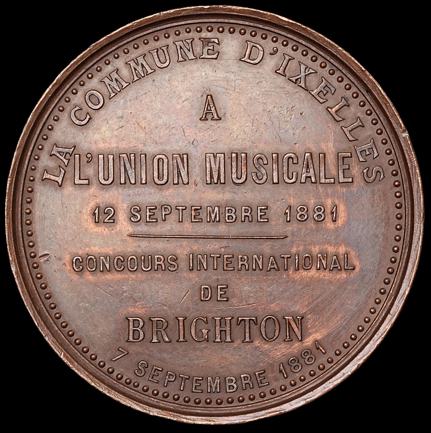 修遠堂世界钱币第五十八期 1881年布莱顿国际音乐交流会大铜章 55mm，66.36g