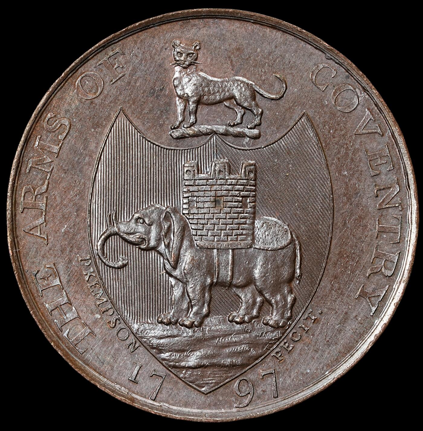 修遠堂世界钱币第五十八期 1897年英国考文垂1/2便士代用币 高浮雕 类镜面底板 少见品种 币面有一处老藏家的笔迹 13.31g 边缘一小磕碰