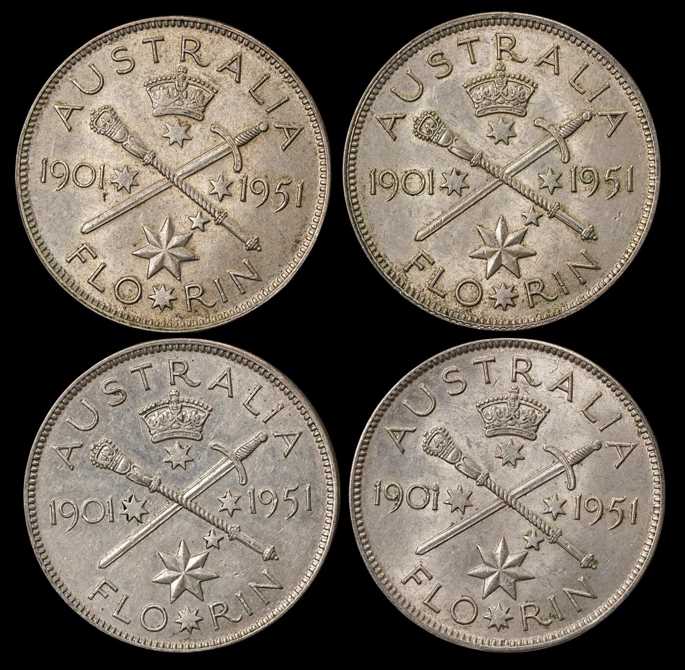 修遠堂世界钱币第五十八期 1951年澳大利亚联邦50周年纪念1佛罗林银币4枚 45.31g  AU-UNC品