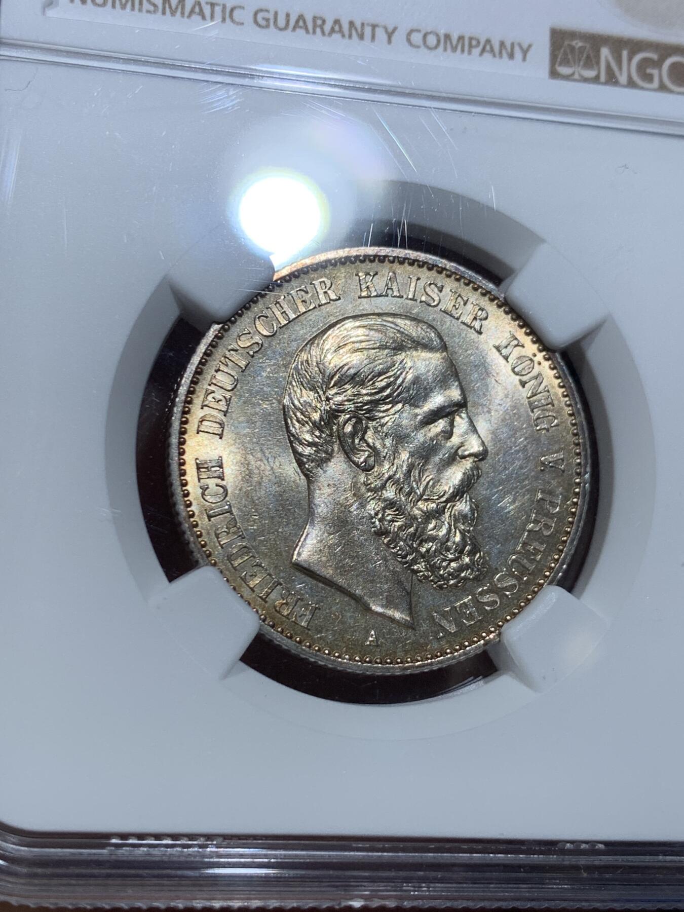 《竞宝斋》第356场 周日，周一  2场连拍 （全场包邮） NGC MS61 德国普鲁士1888年“三皇年”弗里德里希三世短翅鹰2马克银币