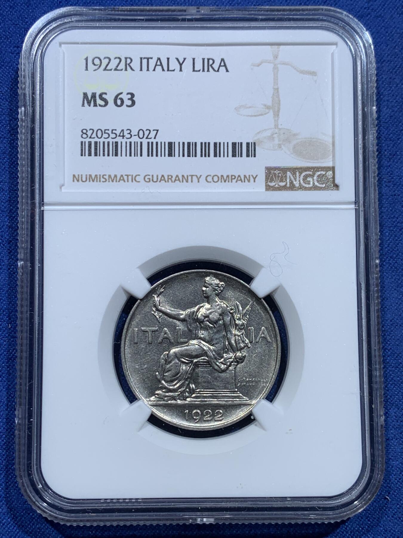 《竞宝斋》第356场 周日，周一  2场连拍 （全场包邮） NGC MS63 意大利1922年1里拉镍币 意大利图案都很复杂 高点极易磨损 这枚高点俱在 图案清晰 保存不易 意大利的币很有艺术性 适合自藏