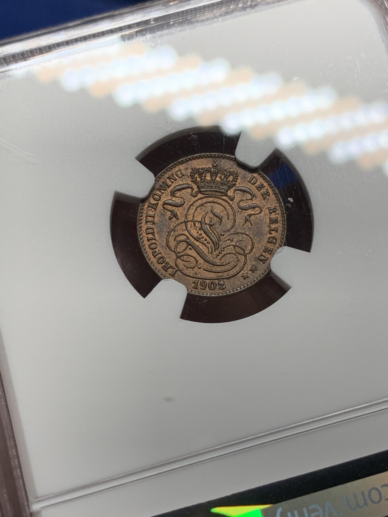 《竞宝斋》第356场 周日，周一  2场连拍 （全场包邮） 冠军分 NGC MS62BN 比利时 1902/1 骑字版 狮子1分 铜币