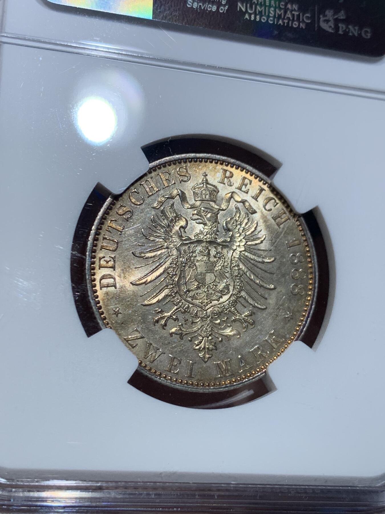 《竞宝斋》第356场 周日，周一  2场连拍 （全场包邮） NGC MS61 德国普鲁士1888年“三皇年”弗里德里希三世短翅鹰2马克银币