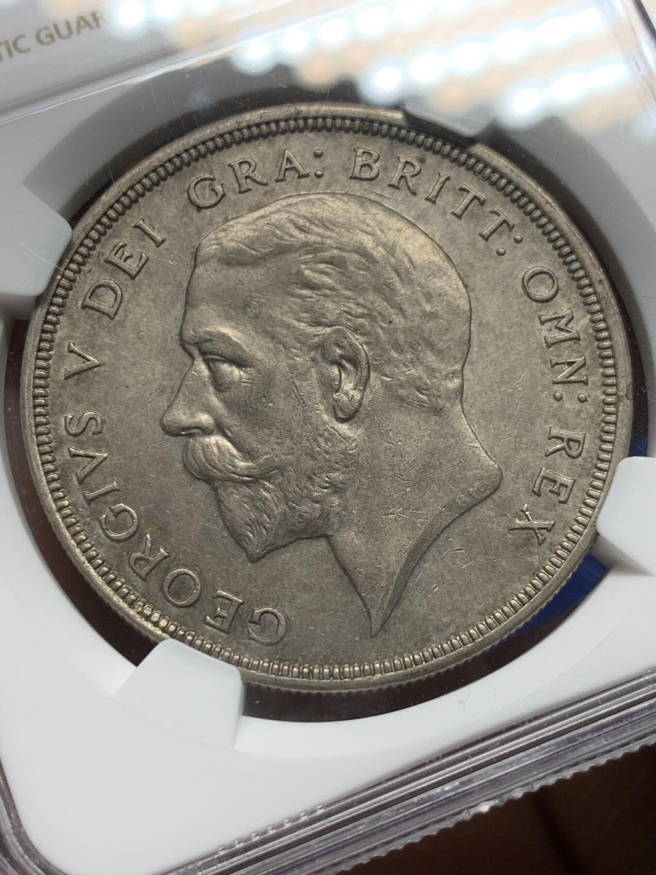 《竞宝斋》第356场 周日，周一  2场连拍 （全场包邮） NGC AU58 英国1929年乔治五世花冠银币，发行量仅为4994枚，币面包浆自然，状态俱佳，市面上卖一枚少一枚，英系迷们且藏且珍惜