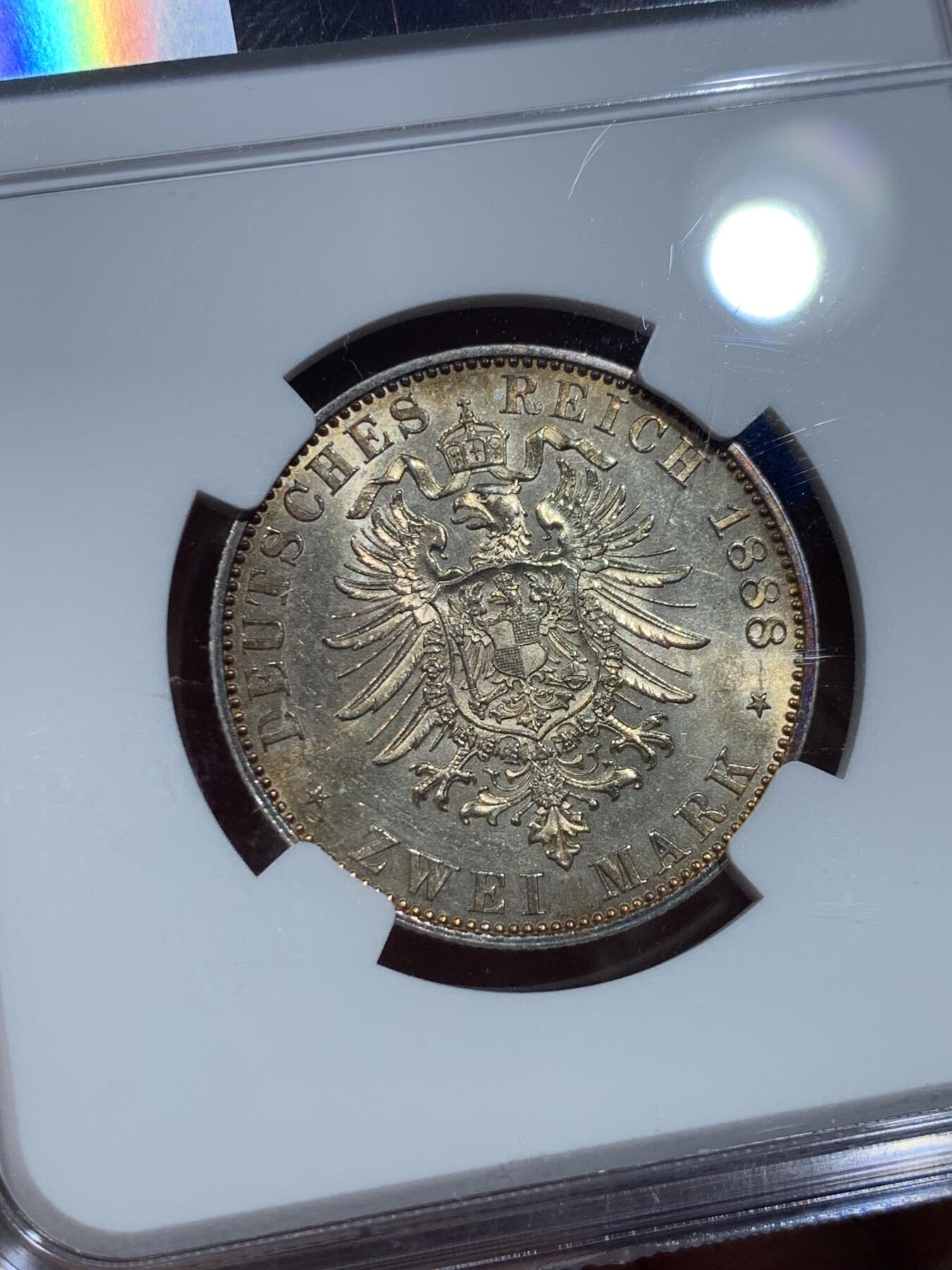 《竞宝斋》第356场 周日，周一  2场连拍 （全场包邮） NGC MS61 德国普鲁士1888年“三皇年”弗里德里希三世短翅鹰2马克银币