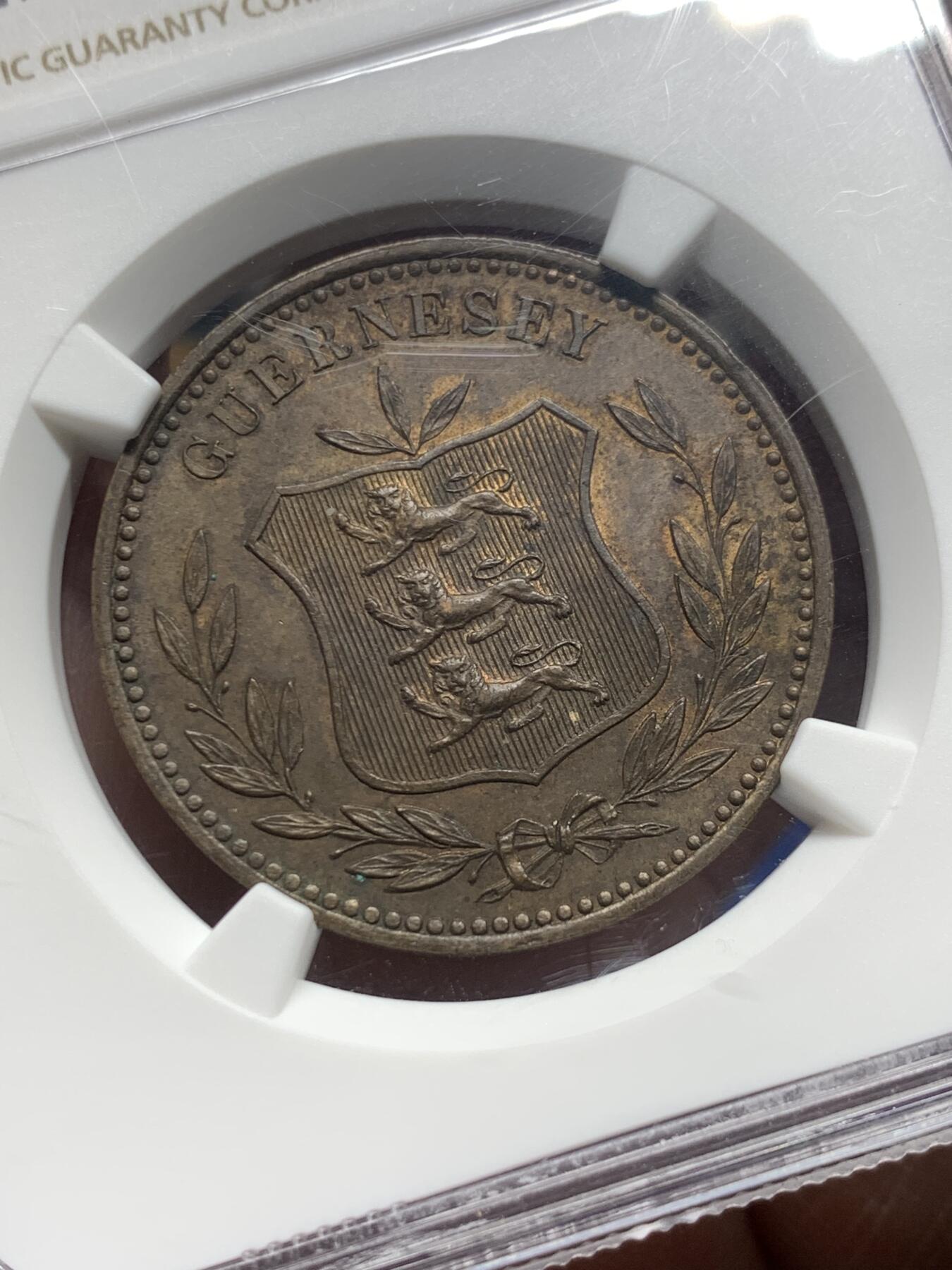 《竞宝斋》第356场 周日，周一  2场连拍 （全场包邮） NGC UNCD 1885H 英属根西8道布大铜币，细节极佳，三狮面部清晰可辨，殊为难得。上海NGC严评。